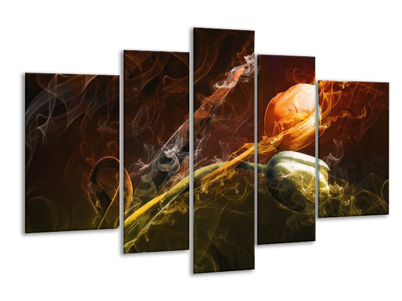 Canvas schilderij Tulp | Oranje, Groen, Geel | 170x100cm 5Luik