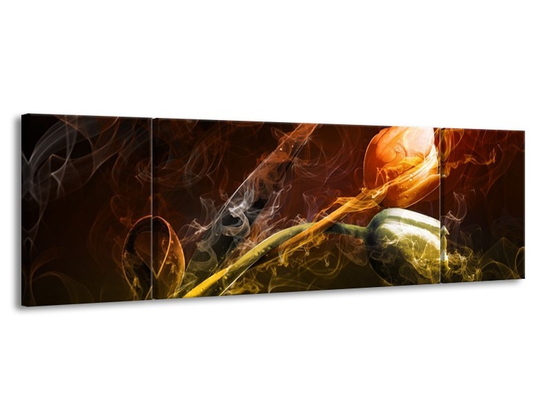 Canvas schilderij Tulp | Oranje, Groen, Geel | 170x50cm 3Luik