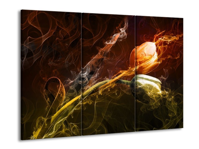 Canvas schilderij Tulp | Oranje, Groen, Geel | 90x60cm 3Luik