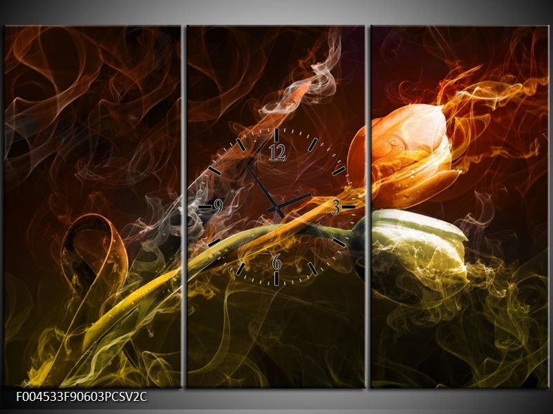 Klok schilderij Tulp | Oranje, Groen, Geel | 90x60cm 3Luik