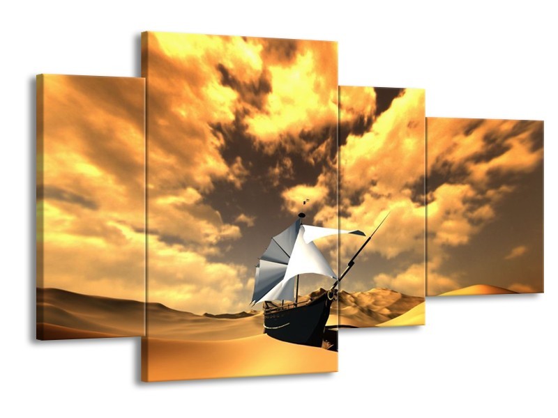 Canvas schilderij Boot | Geel, Bruin, Wit | 120x75cm 4Luik