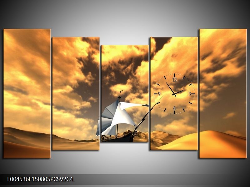 Klok schilderij Boot | Geel, Bruin, Wit | 150x80cm 5Luik