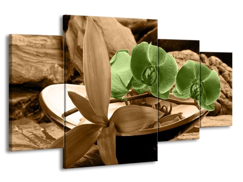 Canvas schilderij Orchidee | Groen, Bruin | 160x90cm 4Luik