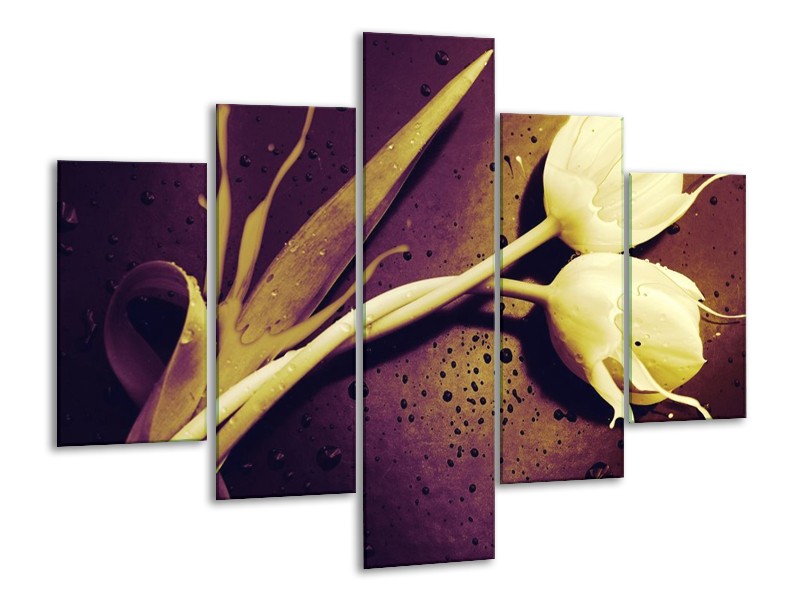 Canvas schilderij Tulp | Bruin, Wit, Paars | 100x70cm 5Luik