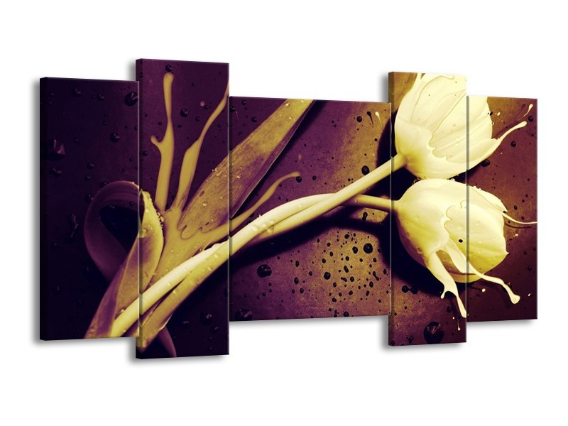 Canvas schilderij Tulp | Bruin, Wit, Paars | 120x65 5Luik