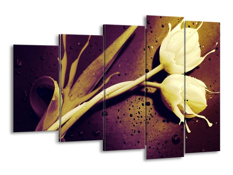 Canvas schilderij Tulp | Bruin, Wit, Paars | 150x100cm 5Luik