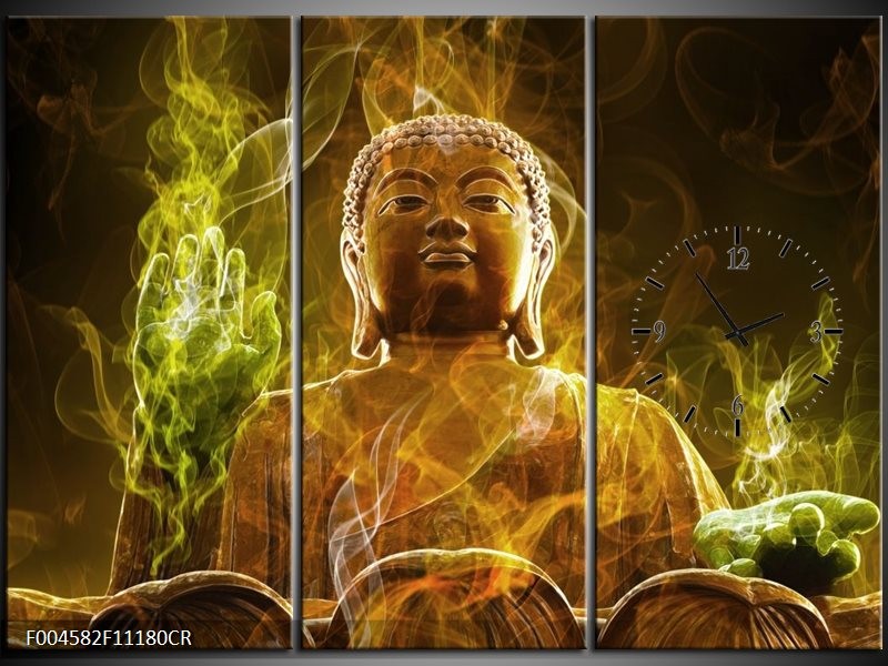 Klok schilderij Boeddha | Bruin, Groen | 111x80cm 3Luik