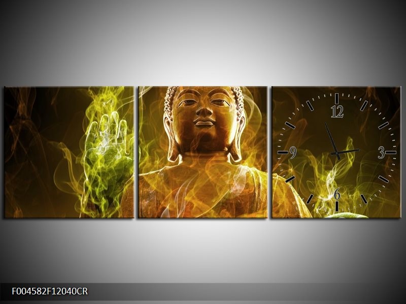 Klok schilderij Boeddha | Bruin, Groen | 120x40cm 3Luik