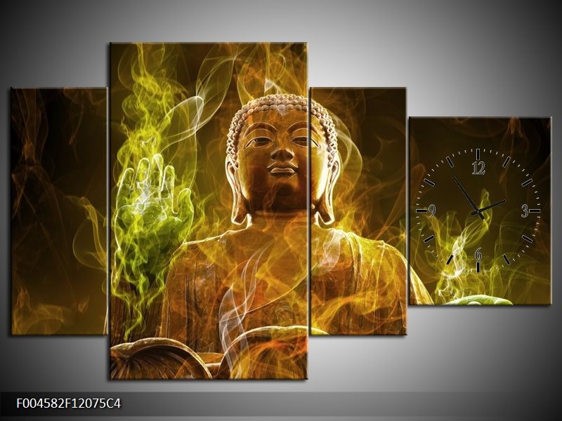 Klok schilderij Boeddha | Bruin, Groen | 120x75cm 4Luik