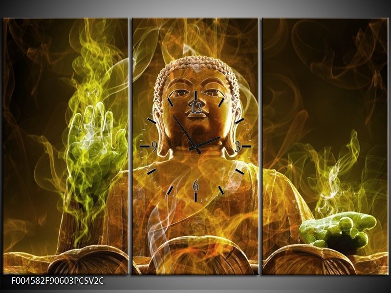 Klok schilderij Boeddha | Bruin, Groen | 90x60cm 3Luik