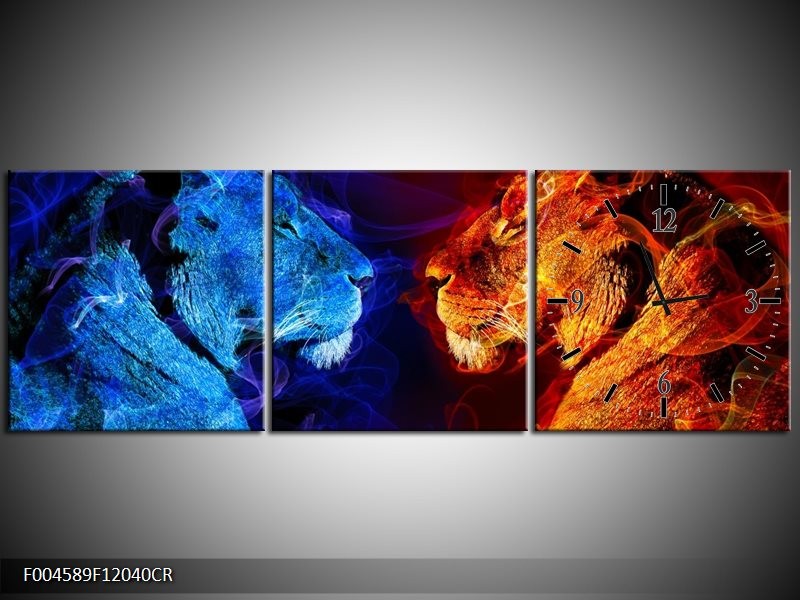 Klok schilderij Leeuw | Rood, Blauw, Rood | 120x40cm 3Luik