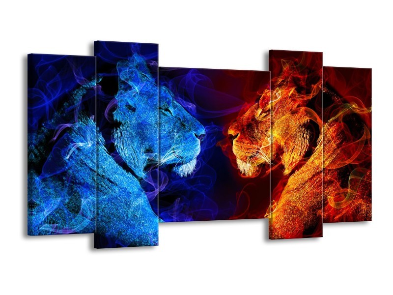 Canvas schilderij Leeuw | Rood, Blauw, Rood | 120x65 5Luik