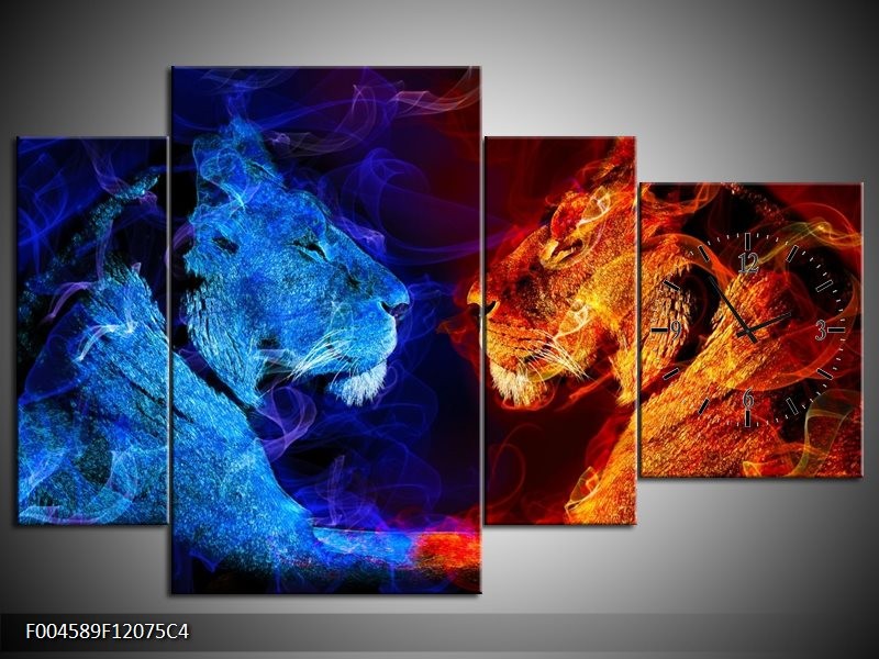 Klok schilderij Leeuw | Rood, Blauw, Rood | 120x75cm 4Luik