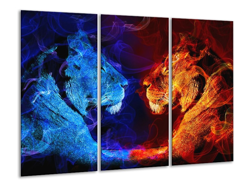 Glas schilderij Leeuw | Rood, Blauw, Rood | 120x80cm 3Luik