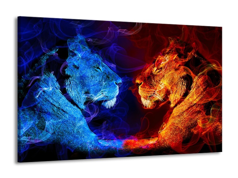 Canvas schilderij Leeuw | Rood, Blauw, Rood | 140x90cm 1Luik