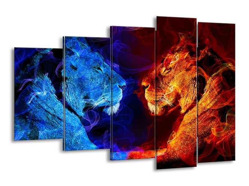 Canvas schilderij Leeuw | Rood, Blauw, Rood | 150x100cm 5Luik