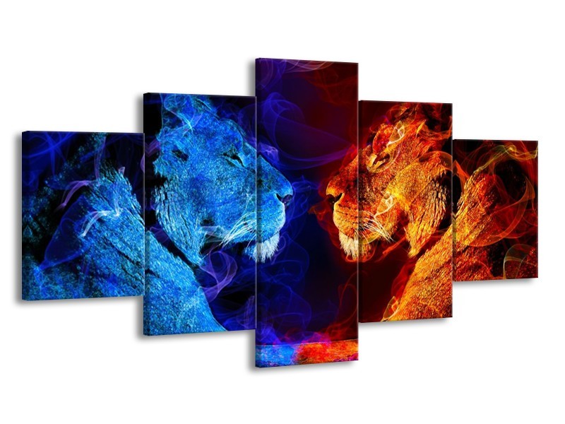 Canvas schilderij Leeuw | Rood, Blauw, Rood | 150x80cm 5Luik