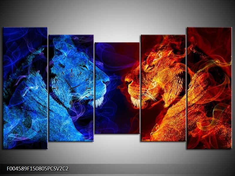 Klok schilderij Leeuw | Rood, Blauw, Rood | 150x80cm 5Luik