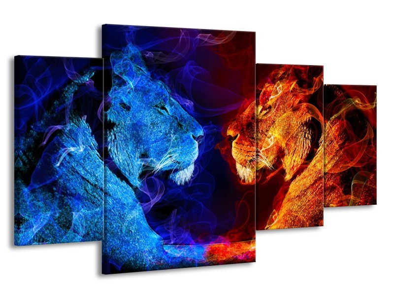Glas schilderij Leeuw | Rood, Blauw, Rood | 160x90cm 4Luik