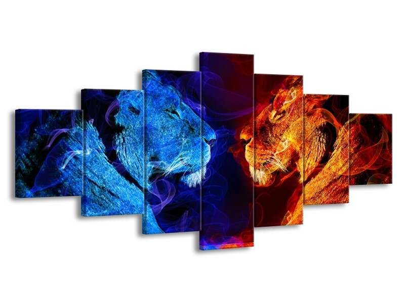 Canvas schilderij Leeuw | Rood, Blauw, Rood | 210x100cm 7Luik