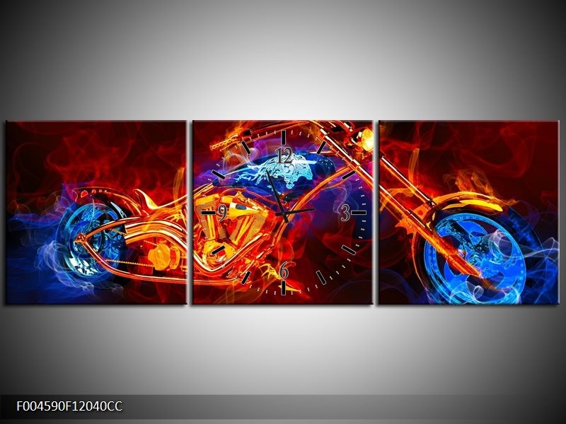 Klok schilderij Motor | Rood, Blauw, Rood | 120x40cm 3Luik