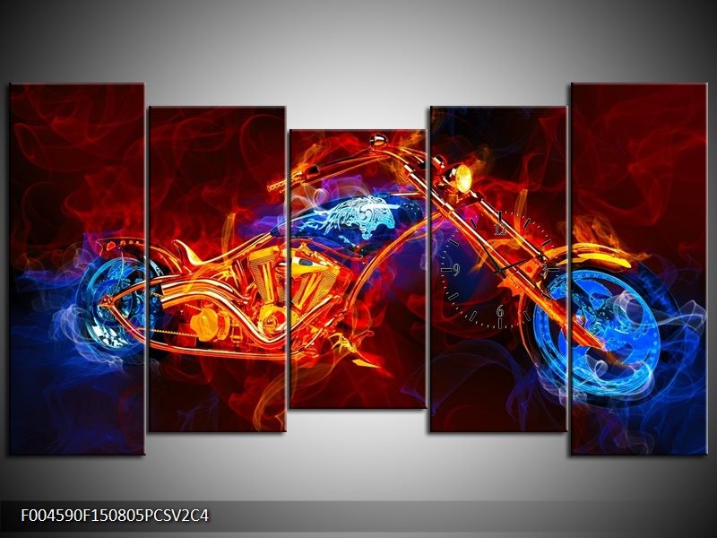 Klok schilderij Motor | Rood, Blauw, Rood | 150x80cm 5Luik