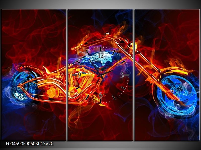 Klok schilderij Motor | Rood, Blauw, Rood | 90x60cm 3Luik