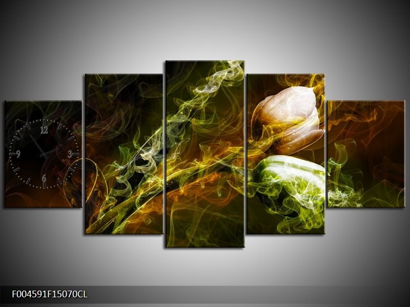 Klok schilderij Tulp | Groen, Geel, Zwart | 150x70cm 5Luik