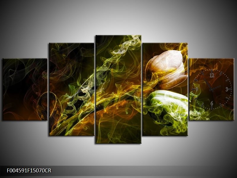 Klok schilderij Tulp | Groen, Geel, Zwart | 150x70cm 5Luik