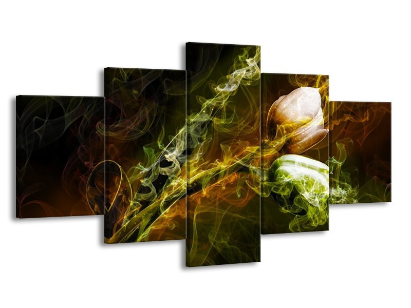 Canvas schilderij Tulp | Groen, Geel, Zwart | 150x80cm 5Luik