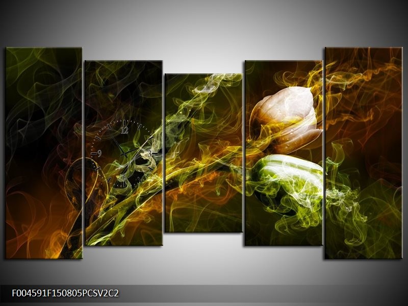 Klok schilderij Tulp | Groen, Geel, Zwart | 150x80cm 5Luik
