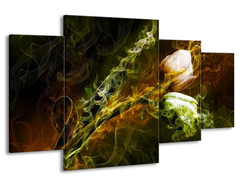Canvas schilderij Tulp | Groen, Geel, Zwart | 160x90cm 4Luik