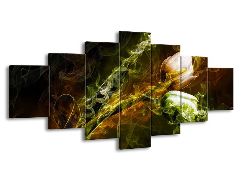 Canvas schilderij Tulp | Groen, Geel, Zwart | 210x100cm 7Luik