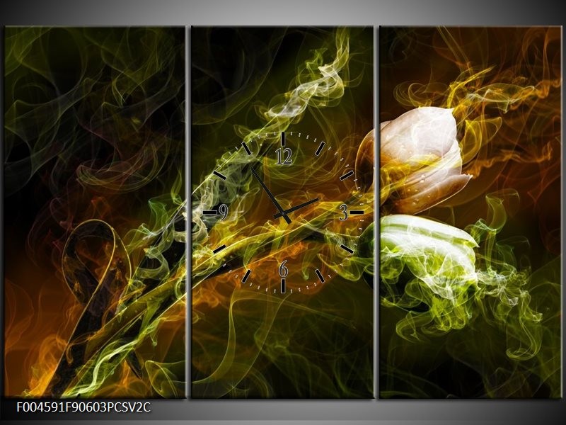 Klok schilderij Tulp | Groen, Geel, Zwart | 90x60cm 3Luik