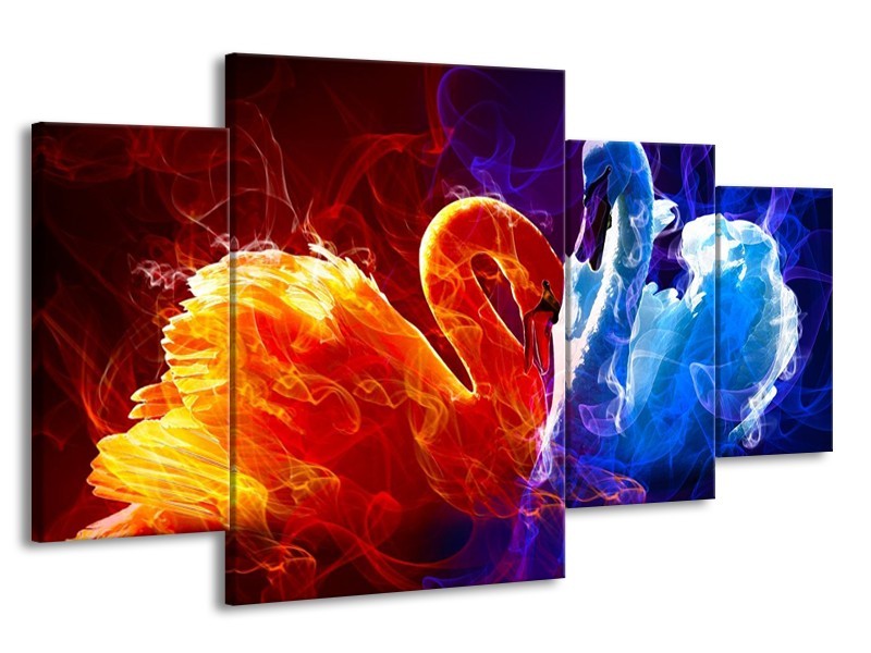 Canvas schilderij Zwanen | Rood, Blauw, Rood | 160x90cm 4Luik