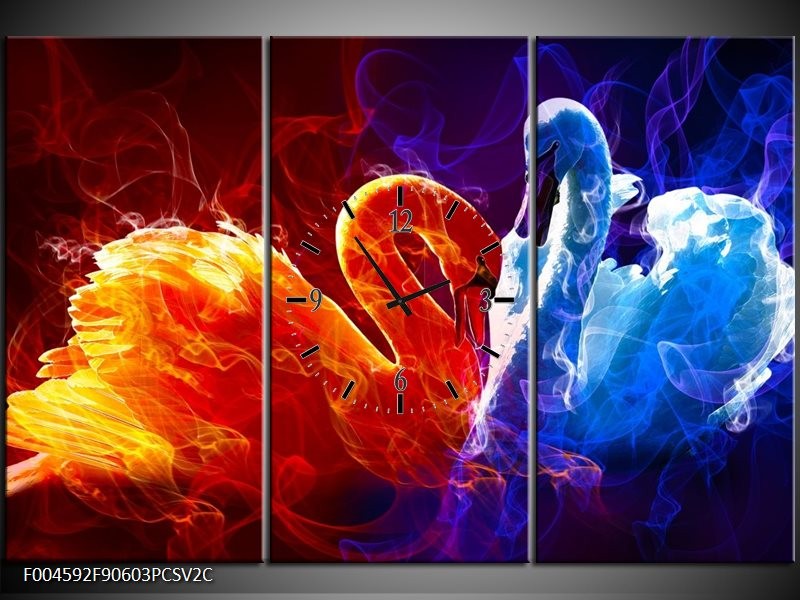 Klok schilderij Zwanen | Rood, Blauw, Rood | 90x60cm 3Luik