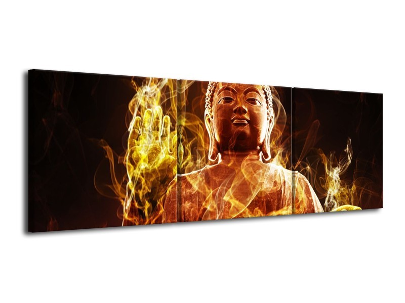 Canvas schilderij Boeddha | Bruin, Geel, Zwart | 120x40cm 3Luik
