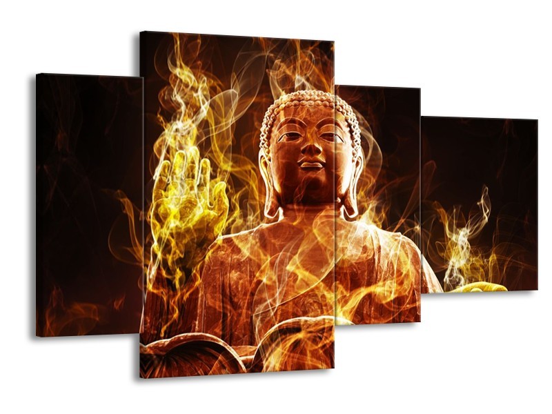 Canvas schilderij Boeddha | Bruin, Geel, Zwart | 120x75cm 4Luik