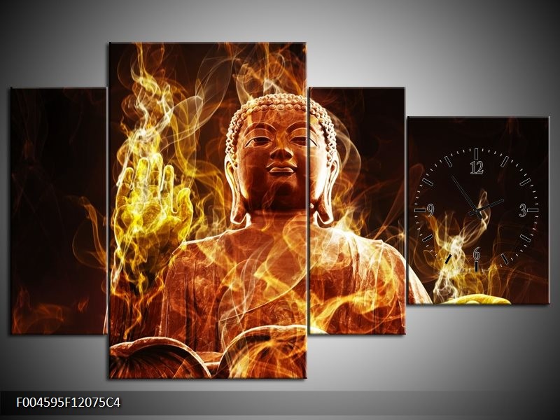 Klok schilderij Boeddha | Bruin, Geel, Zwart | 120x75cm 4Luik