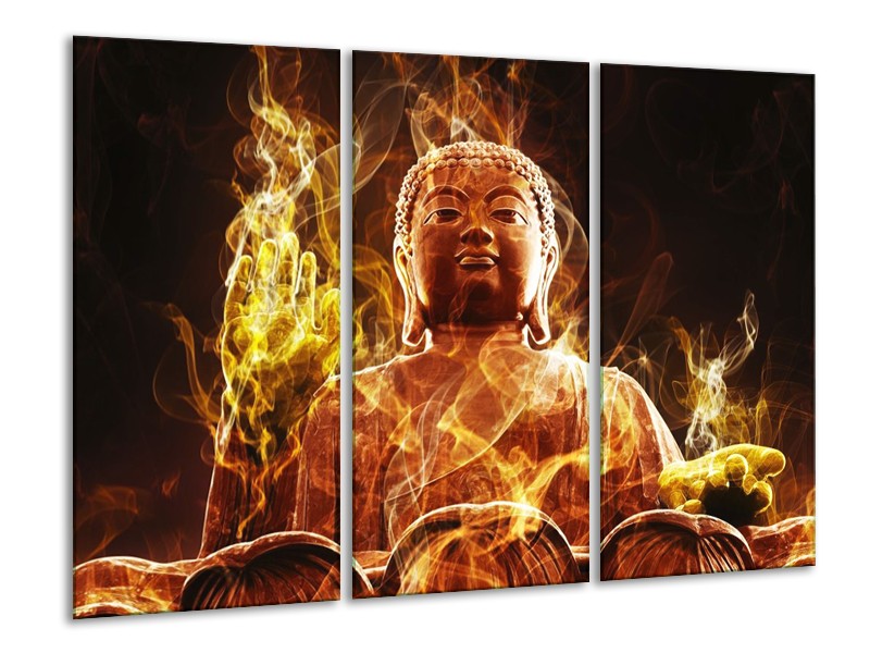 Canvas schilderij Boeddha | Bruin, Geel, Zwart | 120x80cm 3Luik