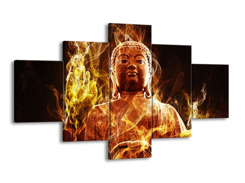 Canvas schilderij Boeddha | Bruin, Geel, Zwart | 125x70cm 5Luik