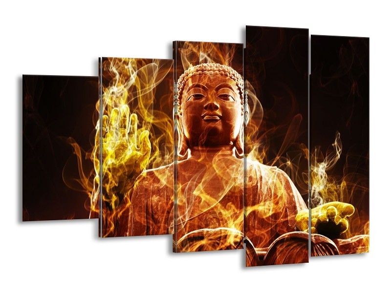 Canvas schilderij Boeddha | Bruin, Geel, Zwart | 150x100cm 5Luik