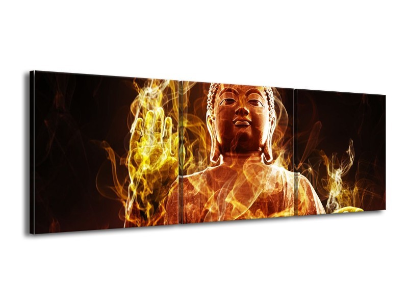 Canvas schilderij Boeddha | Bruin, Geel, Zwart | 150x50cm 3Luik