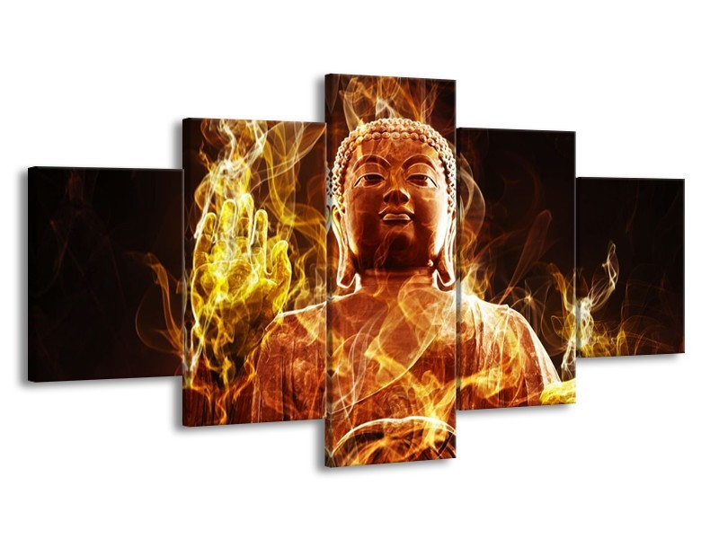 Canvas schilderij Boeddha | Bruin, Geel, Zwart | 150x80cm 5Luik