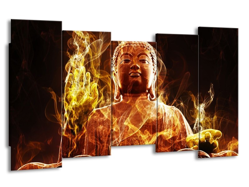 Canvas schilderij Boeddha | Bruin, Geel, Zwart | 150x80cm 5Luik