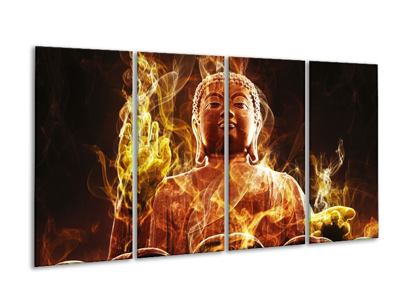 Canvas schilderij Boeddha | Bruin, Geel, Zwart | 160x80cm 4Luik