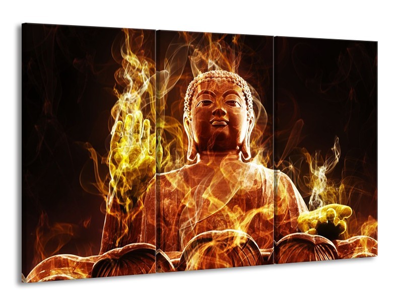 Canvas schilderij Boeddha | Bruin, Geel, Zwart | 165x100cm 3Luik