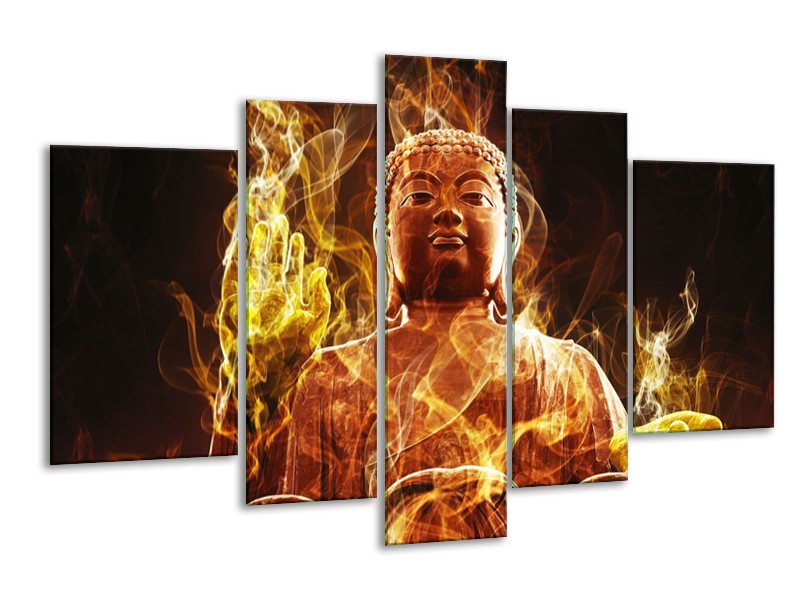Canvas schilderij Boeddha | Bruin, Geel, Zwart | 170x100cm 5Luik
