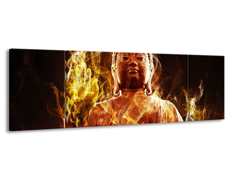 Canvas schilderij Boeddha | Bruin, Geel, Zwart | 170x50cm 3Luik