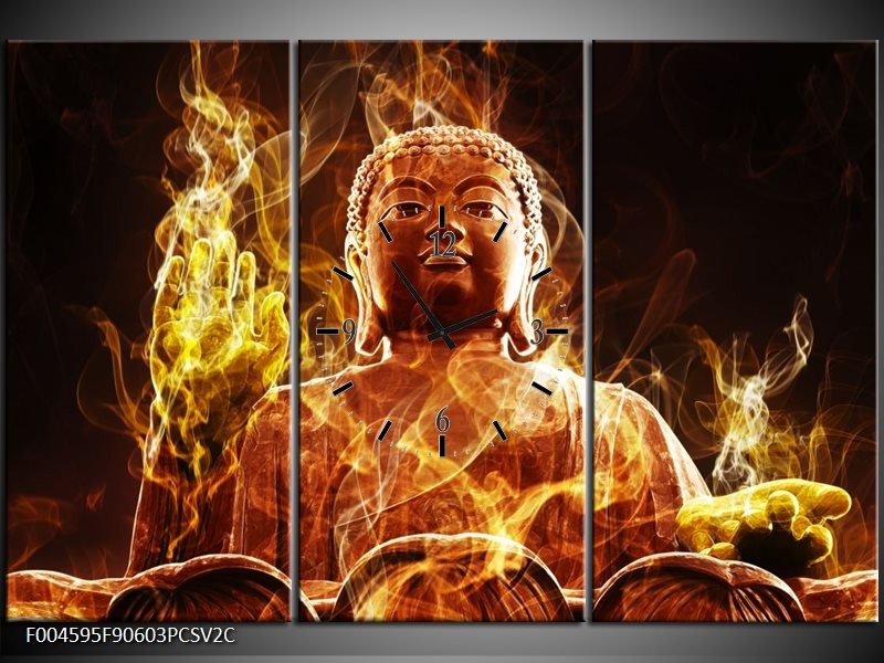 Klok schilderij Boeddha | Bruin, Geel, Zwart | 90x60cm 3Luik